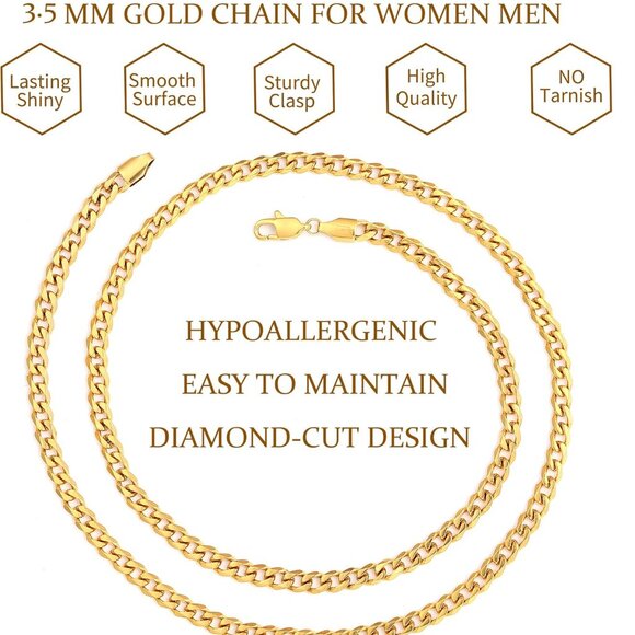 3.5mm Cuban Link Chains for Men, Silver Tone/Black/14K Gold Plated Stainless Ste - Picture 5 of 6